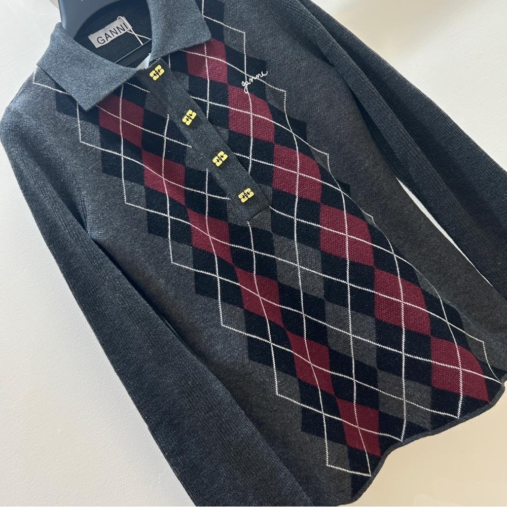 Ganni Gray Argyle Sweater Cardigan - Picture 7 of 9